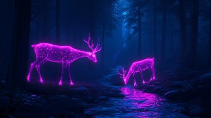 Poster - Glowing deer in a dark forest at night.