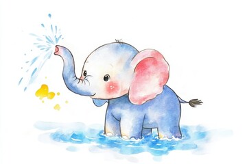 a cute watercolor illustration of an adorable elephant playing in the water, splashing joyfully with