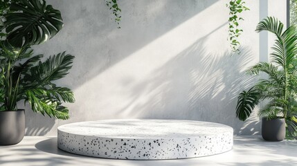 Canvas Print - Modern white terrazzo product podium with tropical leaves and circular backdrop, abstract geometric composition for high-resolution mockup presentation. 3D Rendering Mock up