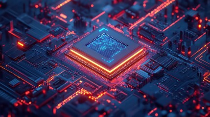 Poster - Futuristic microchip processor with lights on the blue background. Quantum computer; large data processing; database concept. CPU isometric banner. Central Computer Processors CPU concept Digital chip