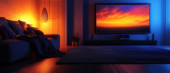 Wall Mural - Elegant Living Room at Night with Stylish Lighting and Modern Television Displaying Sunset Colors