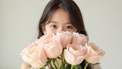 Wall Mural - Girl holding bouquet of pink roses against a light background