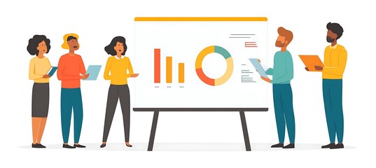 Poster - A business team collaborating with visual aids and empty space for text on a presentation board