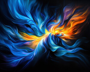 Poster - This mesmerizing abstract artwork features swirling shades of blue, orange, and yellow, creating a dynamic sense of movement and energy against a dark backdrop.