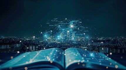 Aufkleber - Cityscape & Book with Digital Network