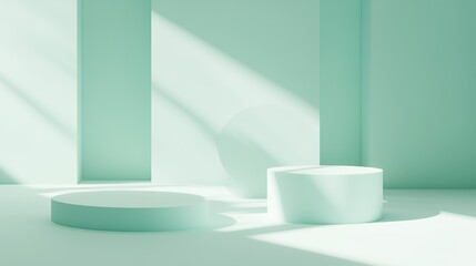 Poster - Minimalist Green Room with Cylindrical Display Platforms
