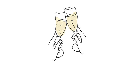 Wall Mural - Continuous line champagne cheers one line art, continuous drawing contour. Hands toasting with wine glasses with drinks. Cheers toast festive decoration for holidays. Vector illustration	