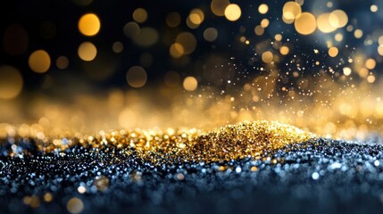 Poster - Sparkling gold glitter contrasts beautifully against a dark background, illuminated by soft bokeh lights that enhance the enchanting atmosphere