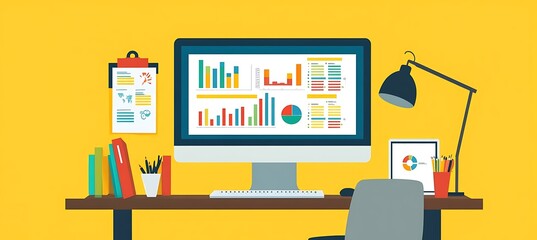 Poster - A clean and modern workspace with a large monitor displaying a business plan with colorful charts and graphs, set in a minimalistic office
