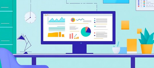 Poster - A clean and modern workspace with a large monitor displaying a business plan with colorful charts and graphs, set in a minimalistic office