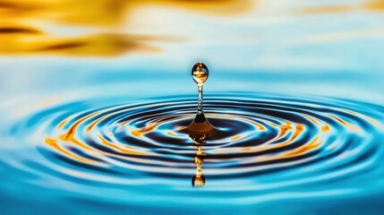 Poster - A water droplet splashes into a calm surface, creating ripples that reflect warm colors, capturing the beauty of nature in the moment