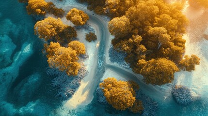 Wall Mural - Aerial view of a mangrove forest with a winding river on the island. Top-down view, drone shot, wide-angle lens, sunny day, high-resolution photography, insanely detailed, fine details, professional 