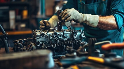 Poster - A mechanic reassembling the cylinder head of an antique engine, surrounded by vintage tools.