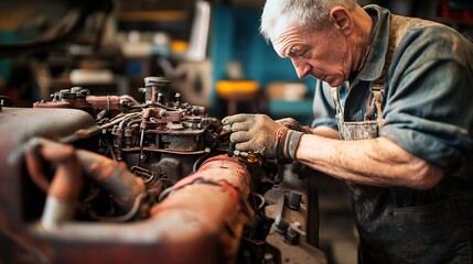 Poster - A mechanic restoring a rusty antique engine in a classic car restoration shop.