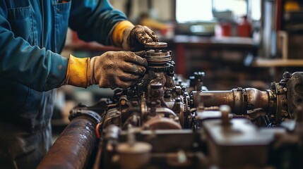 Poster - A mechanic restoring a rusty antique engine in a classic car restoration shop.