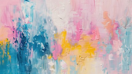 Poster - This abstract oil painting features a lively mixture of colors, including vibrant blues, pinks, and yellows, creating a striking visual experience