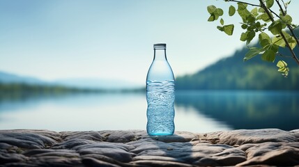 Wall Mural - A clear water bottle placed on a stone surface near a serene lake.