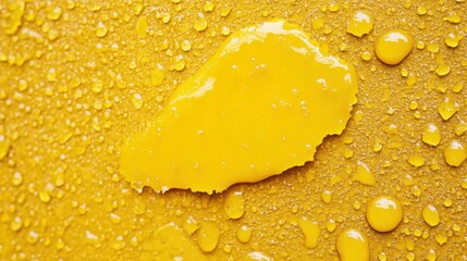 Poster - Droplets of yellow oil cluster closely, showcasing unique shapes and textures against a rich surface, highlighting vivid color saturation
