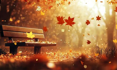 Poster - Autumn Serenity: A park bench bathed in the warm glow of falling leaves, a tranquil autumn scene.