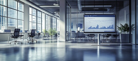 Poster - A clean and modern workspace with a large monitor displaying a financial projection chart, set in a sleek office environment