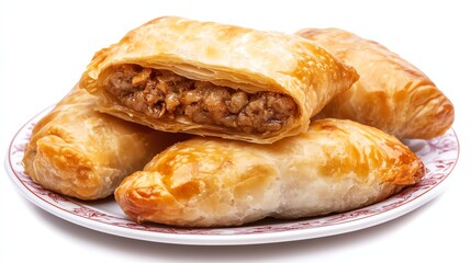 Golden pastries filled with savory meat, served on a decorative plate.