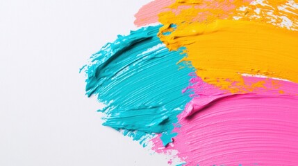 Poster - Bright paint strokes of blue, pink, and yellow blend on a white surface, showcasing a lively and creative artistic process