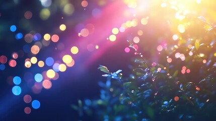 Poster - Colorful bokeh background with lens flare and glowing light effects creating a dreamy atmosphere with vibrant sun rays and nature elements