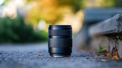 Poster - Camera lens in sharp focus with blurred background showcasing photography gear on a pathway surrounded by natural elements