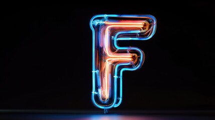 Fototapete - Neon letter F illuminated in vibrant blue and orange against a dark background showcasing long exposure light art design.