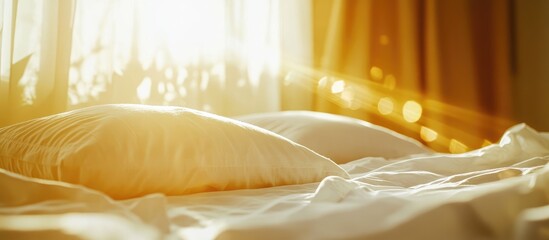 Poster - Serene bedroom with crisp white pillows and sheets glowing in sunlight, creating a warm and inviting atmosphere for relaxation and comfort