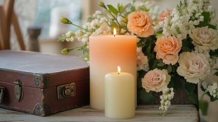 Poster - Cozy aesthetic with orange and white candles beside vintage suitcase and elegant floral arrangement in soft natural lighting.