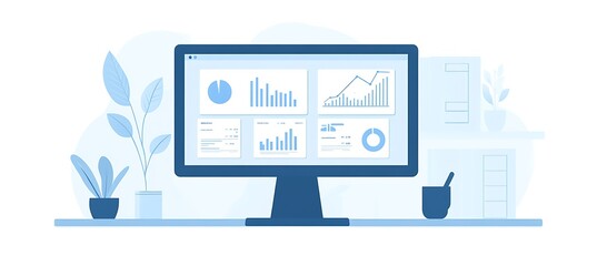 Poster -  A clean and modern workspace with a large monitor displaying a real-time business dashboard with colorful charts and graphs, set against a minimalist office environment, representing data-driven busi