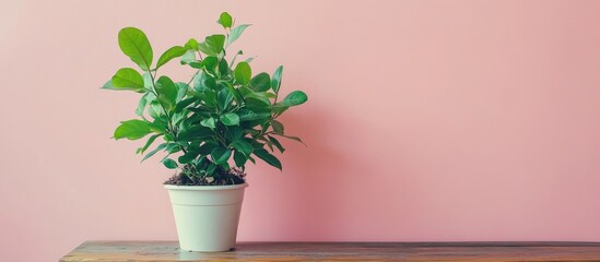 Poster - Lush green houseplant in a white pot on rustic wooden table with soft pink wall creating a serene home decor ambiance