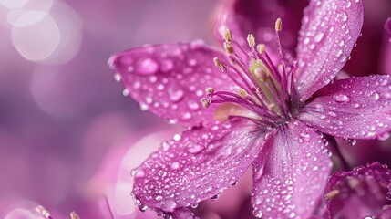 Poster - Macro photography of vibrant purple lavender blossoms with dew drops highlighting their delicate nature and captivating fragrance in a dreamy setting
