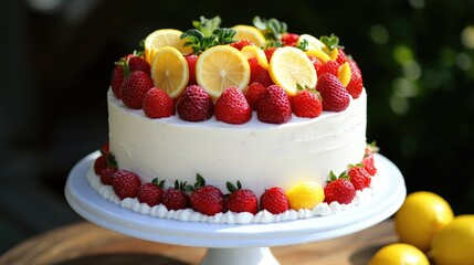 Lemon strawberry cake topped with fresh berries and lemon slices on a white cake stand against a natural background