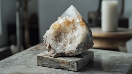 Poster - Natural Lepidolite Crystal on Marble Base with Soft Focus Background in Elegant Home Setting