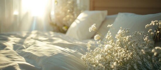 Poster - Serene bedroom with beautifully made bed featuring crisp white linens and sunlight creating a calming atmosphere with lens flare effects