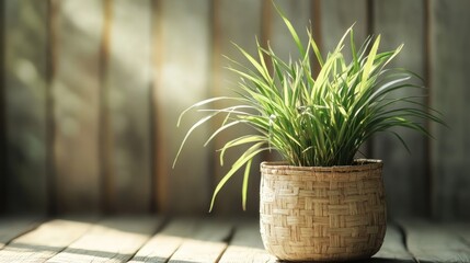 Poster - Lemongrass in a woven basket on rustic wooden background with natural light highlighting the vibrant green leaves