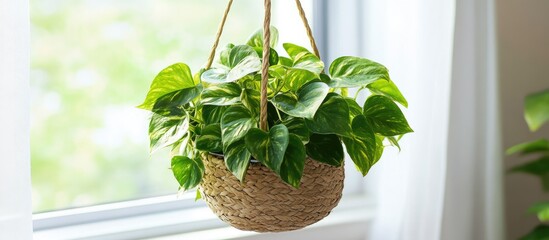 Poster - Lush indoor plant in a decorative hanging pot by the window adding aesthetics and natural light to the living space