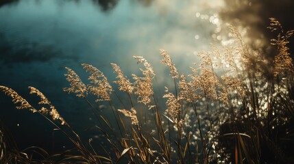 Poster - Serene Natural Landscape with Golden Reeds and Reflected Light on Water Surface