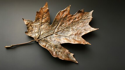 Poster - Bronze sculpture of a detailed maple leaf showcasing intricate textures and natural beauty on a dark background