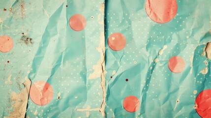 Poster - Crumpled vintage paper texture showcases bright polka dots on a soft background, perfect for backgrounds or unique artistic projects