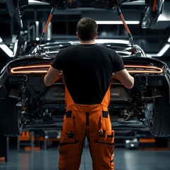 Wall Mural - Mechanic in modern workshop working on luxury car undercarriage in black shirt and orange overalls