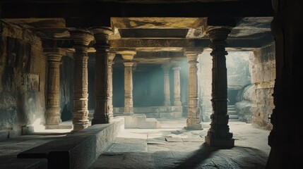 Poster - Ancient temple interior with intricately carved pillars illuminated by soft light showcasing historical architecture and serenity