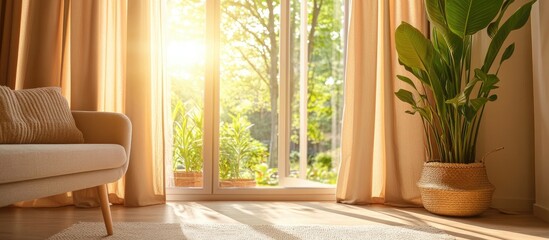 Poster - Cozy living space with light brown curtains framing a sunny outdoor view and vibrant greenery creating a serene atmosphere