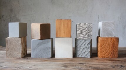 Poster - Stylized letterpress blocks arranged in a decorative display showcasing various textures and colors on a rustic wooden table.