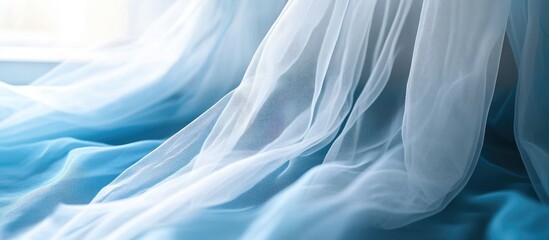 Poster - Elegant blue curtains and soft white tulle fabric close up highlighting chic window treatment for refined and sophisticated interior design