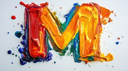 Poster - Colorful oil paint letter M created with vibrant drops and spills on a white background artistic design for creative projects
