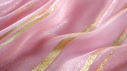 Poster - Elegant pink fabric featuring glossy gold stripes in varying thicknesses showcasing a modern design and luxurious texture.