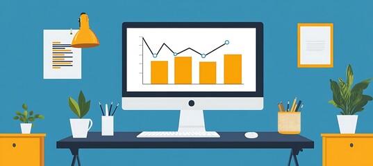Poster -  A clean, modern office desk with a large monitor displaying a financial growth chart, surrounded by minimalistic decor. Leave empty space on the top for text